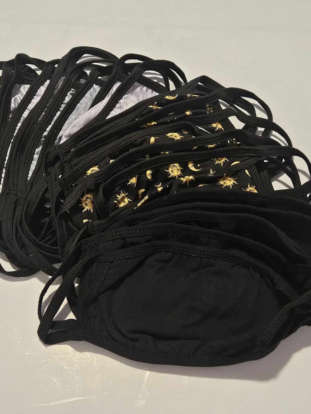 Set of 23 Reusable Fabric Decorative Face Masks with Ear Loops. Black, Silver,